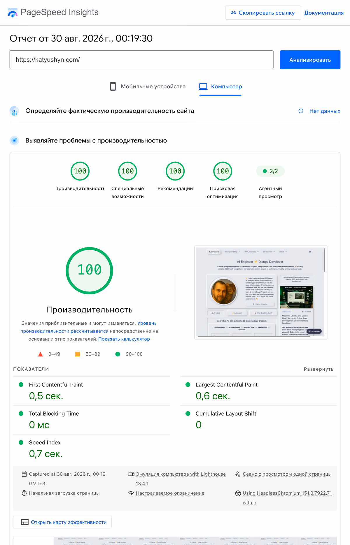 PageSpeed Insights - Katyushyn.com desktop performance
